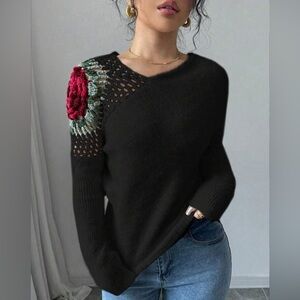 NWOT Women’s Crochet Rose Black V-neck Sweater